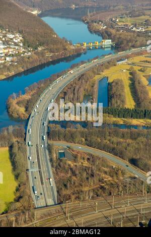 , A1 in Hagen an der Ruhr, mit Wehranlage am Hengsteysee, 15.02.2017, Luftaufnahme, Deutschland, Nordrhein-Westfalen, Ruhrgebiet, Hagen Stockfoto