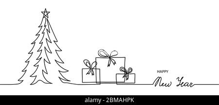 Minimal Happy New Year Web-Banner, Hintergrund. Eine, kontinuierliche Linie Zeichnung Neujahr einfaches Banner mit weihnachtsbaum und Geschenke, Geschenke, Boxen Stock Vektor