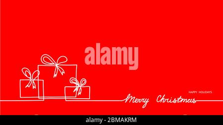 Geschenke, Geschenke, Boxen Einfache Umrisse und Frohe Weihnachten Text auf rotem Hintergrund. Eine kontinuierliche Linie Vektor Zeichnung, Hintergrund, Banner, Illustration Stock Vektor