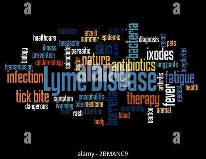 Lyme-Borreliose Wort Wolke Konzept auf schwarzem Hintergrund. Stockfoto