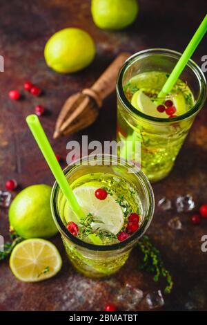 Zwei Gläser mit Limettenlime mit Thymian, Cranberry und Eis auf hellem Hintergrund. Erfrischende Sommer hausgemachte alkoholische oder alkoholfreie Cocktails oder D Stockfoto