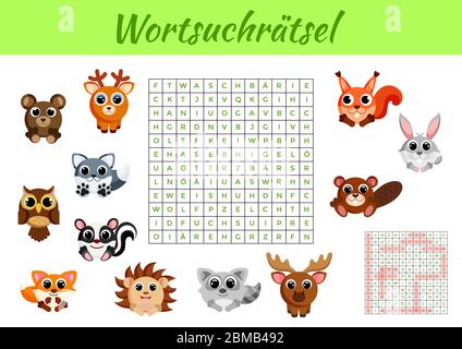 Wortsuchrätsel - Wortsuche Puzzle. Spielvorlage. Kinder Aktivität Arbeitsblatt bunt druckbare Version. Lernspiel für das Studium der deutschen Wörter. Stock Vektor