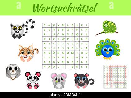 Wortsuchrätsel - Wortsuche Puzzle. Spielvorlage. Kinder Aktivität Arbeitsblatt bunt druckbare Version. Lernspiel für das Studium der deutschen Wörter. Stock Vektor