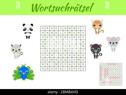 Wortsuchrätsel - Wortsuche Puzzle. Spielvorlage. Kinder Aktivität Arbeitsblatt bunt druckbare Version. Lernspiel für das Studium der deutschen Wörter. Stock Vektor