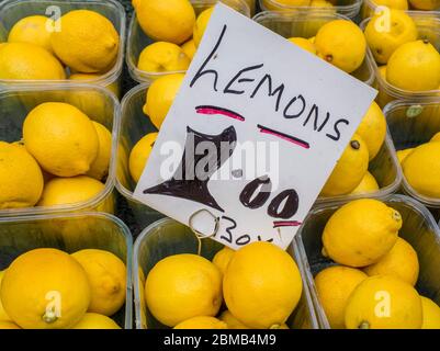 Zitronen zum Verkauf in Marktstand Einstellung. Plastikwannen von Zitronen mit Preisschild Stockfoto