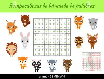 Rompecabezas de búsqueda de palabras - Wortsuche Puzzle. Lernspiel für das Studium der spanischen Wörter. Arbeitsblatt für Aktivitäten, farbenfrohe druckbare Version Stock Vektor