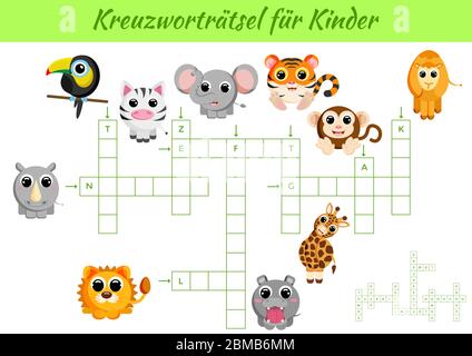 Kreuzworträtsel für Kinder - Kreuzworträtsel für Kinder. Kinder Aktivität Arbeitsblatt bunt druckbare Version. Lernspiel für das Studium der deutschen Wörter. Stock Vektor