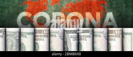 Die weltweite Coronavirus-Epidemie und ihre Kosten (Dollar-Banknoten) Stockfoto