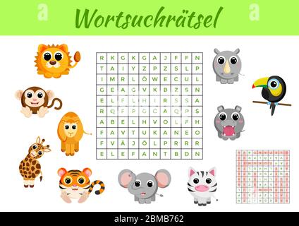 Wortsuchrätsel - Wortsuche Puzzle. Spielvorlage. Kinder Aktivität Arbeitsblatt bunt druckbare Version. Lernspiel für das Studium der deutschen Wörter. Stock Vektor