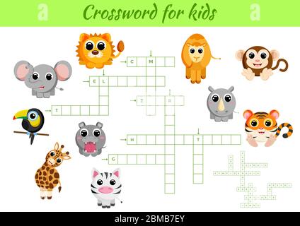 Kreuzworträtsel Spiel der Tiere für Kinder mit Bildern. Kinder Aktivität Arbeitsblatt bunt druckbare Version. Lernspiel für das Studium der englischen Wörter. Stock Vektor