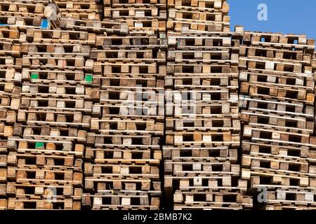 Gebrauchte Holzpaletten übereinander gestapelt entlang einer Wand aus recyceltem Holz für die Ladung und den Transport. Ein Stapel von Plattformen für die Fertigung Stockfoto