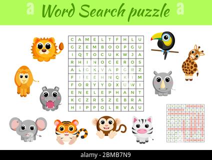 Clip Karten Spiel Vorlage Wort Suche Puzzle. Kinder Aktivität Arbeitsblatt bunt druckbare Version. Lernspiel für das Studium der englischen Wörter. Stock Vektor