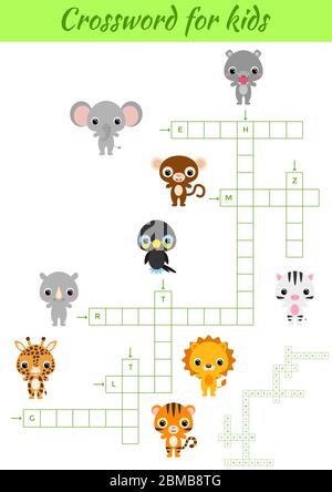 Kreuzworträtsel Spiel der Tiere für Kinder mit Bildern. Kinder Aktivität Arbeitsblatt bunt druckbare Version. Lernspiel für das Studium der englischen Wörter. Stock Vektor