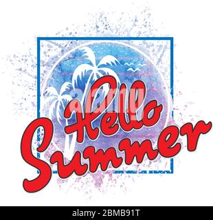 Hallo Sommer. Modernes kalligraphisches T-Shirt-Design mit flachen Palmen auf farbenfrohem Aquarellhintergrund. Sommer-Flyer, Poster, Stoffdruck Stock Vektor