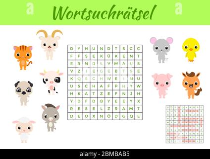 Wortsuchrätsel - Wortsuche Puzzle. Spielvorlage. Kinder Aktivität Arbeitsblatt bunt druckbare Version. Lernspiel für das Studium der deutschen Wörter. Stock Vektor