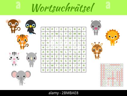 Wortsuchrätsel - Wortsuche Puzzle. Spielvorlage. Kinder Aktivität Arbeitsblatt bunt druckbare Version. Lernspiel für das Studium der deutschen Wörter. Stock Vektor