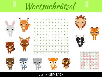 Wortsuchrätsel - Wortsuche Puzzle. Spielvorlage. Kinder Aktivität Arbeitsblatt bunt druckbare Version. Lernspiel für das Studium der deutschen Wörter. Stock Vektor