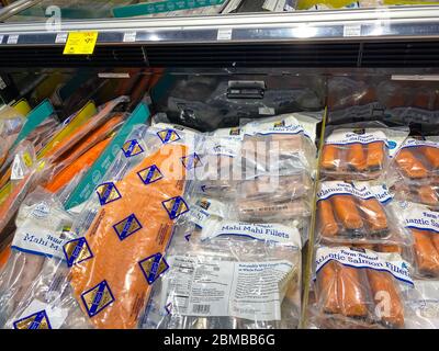 Orlando,FL/USA-5/3/20: Eine Anzeige von verschiedenen Fischen in der Seafood-Abteilung eines Whole Foods Market Lebensmittelgeschäft. Stockfoto