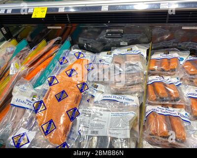 Orlando,FL/USA-5/3/20: Eine Anzeige von verschiedenen Fischen in der Seafood-Abteilung eines Whole Foods Market Lebensmittelgeschäft. Stockfoto