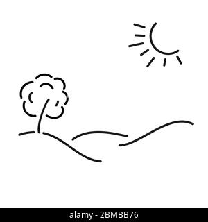 Einfache kinderartige Illustration einer sonnigen Wiese, eines Baumes und einer hügeligen Landschaft, handgezeichneter Vektor Stock Vektor