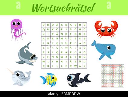 Wortsuchrätsel - Wortsuche Puzzle. Spielvorlage. Kinder Aktivität Arbeitsblatt bunt druckbare Version. Lernspiel für das Studium der deutschen Wörter. Stock Vektor