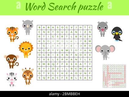 Clip Karten Spiel Vorlage Wort Suche Puzzle. Kinder Aktivität Arbeitsblatt bunt druckbare Version. Lernspiel für das Studium der englischen Wörter. Stock Vektor