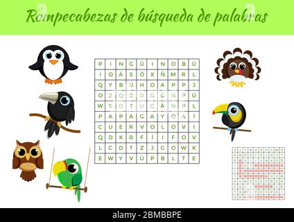 Rompecabezas de búsqueda de palabras - Wortsuche Puzzle. Lernspiel für das Studium der spanischen Wörter. Arbeitsblatt für Aktivitäten, farbenfrohe druckbare Version Stock Vektor