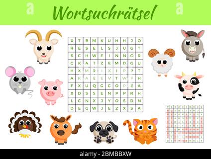 Wortsuchrätsel - Wortsuche Puzzle. Spielvorlage. Kinder Aktivität Arbeitsblatt bunt druckbare Version. Lernspiel für das Studium der deutschen Wörter. Stock Vektor