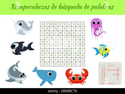Rompecabezas de búsqueda de palabras - Wortsuche Puzzle. Lernspiel für das Studium der spanischen Wörter. Arbeitsblatt für Aktivitäten, farbenfrohe druckbare Version Stock Vektor