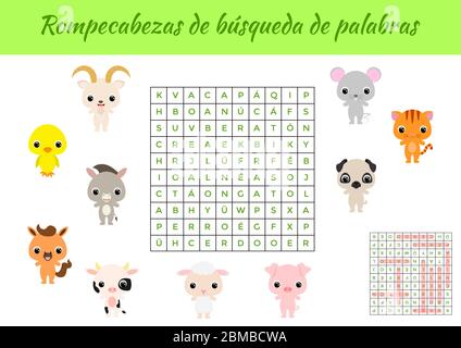 Rompecabezas de búsqueda de palabras - Wortsuche Puzzle. Lernspiel für das Studium der spanischen Wörter. Arbeitsblatt für Aktivitäten, farbenfrohe druckbare Version Stock Vektor