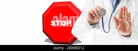 Stoppschild und Arzthand tun Verbotszeichen. Arzt Warnung über Krankheiten. Gesundheitswesen . Stockfoto