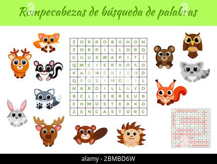 Rompecabezas de búsqueda de palabras - Wortsuche Puzzle. Lernspiel für das Studium der spanischen Wörter. Arbeitsblatt für Aktivitäten, farbenfrohe druckbare Version Stock Vektor