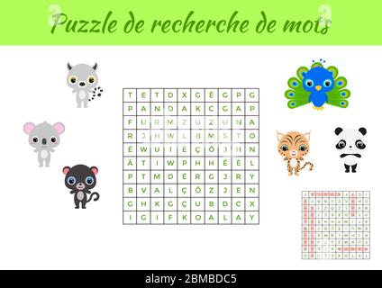 Puzzle de Recherche de mots - Wortsuche Puzzle mit Bildern. Lernspiel für Französisch lernen Wörter. Arbeitsblatt für Aktivitäten, farbenfrohe druckbare Version Stock Vektor