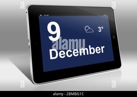 Ein Tablet-Computer zeigt einen Kalender in englischer Sprache mit dem Datum 9. Dezember an. Ein Tablet-Computer zeigt in englischer Sprache den 9. Dezember Stockfoto