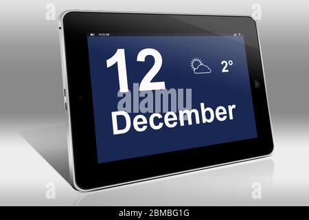 Ein Tablet-Computer zeigt einen Kalender in englischer Sprache mit dem Datum 12. Dezember an. Ein Tablet-Computer zeigt in englischer Sprache den 12. Dezemb Stockfoto