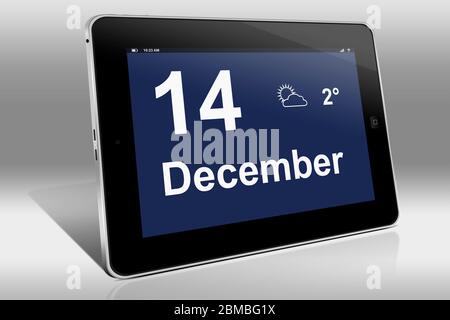 Ein Tablet-Computer zeigt einen Kalender in englischer Sprache mit dem Datum 14. Dezember an.ein Tablet-Computer zeigt in englischer Sprache den 14. Dezemb Stockfoto