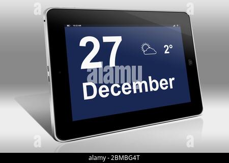 Ein Tablet-Computer zeigt einen Kalender in englischer Sprache mit dem Datum 27. Dezember an.ein Tablet-Computer zeigt in englischer Sprache den 27. Dezemb Stockfoto