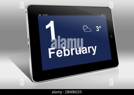 Ein Tablet-Computer zeigt einen Kalender in englischer Sprache mit dem Datum 1. Februar an. Ein Tablet-Computer zeigt in englischer Sprache den 1. Februar Stockfoto