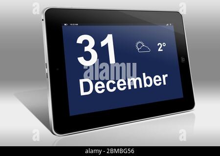 Ein Tablet-Computer zeigt einen Kalender in englischer Sprache mit dem Datum 31. Dezember an.ein Tablet-Computer zeigt in englischer Sprache den 31. Dezemb Stockfoto