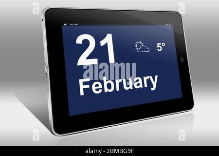 Ein Tablet-Computer zeigt einen Kalender in englischer Sprache mit dem Datum 21. Februar an. Ein Tablet-Computer zeigt in englischer Sprache den 21. Februar Stockfoto