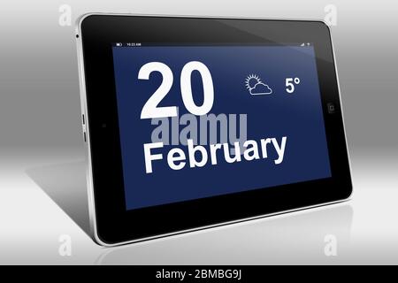 Ein Tablet-Computer zeigt einen Kalender in englischer Sprache mit dem Datum 20. Februar an.ein Tablet-Computer zeigt in englischer Sprache den 20. Februar Stockfoto
