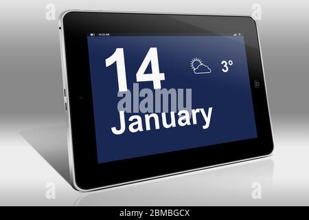 Ein Tablet-Computer zeigt einen Kalender in englischer Sprache mit dem Datum 14. Januar an.ein Tablet-Computer zeigt in englischer Sprache den 14. Januar Stockfoto