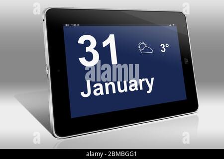 Ein Tablet-Computer zeigt einen Kalender in englischer Sprache mit dem Datum 31. Januar an.ein Tablet-Computer zeigt in englischer Sprache den 31. Januar Stockfoto