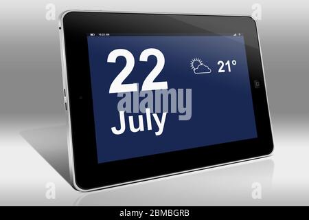 Ein Tablet-Computer zeigt einen Kalender in englischer Sprache mit dem Datum 22. Juli an.ein Tablet-Computer zeigt in englischer Sprache den 22. Juli Stockfoto
