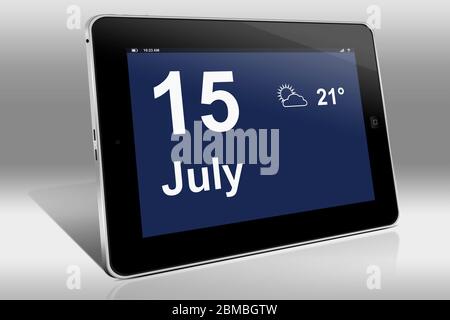Ein Tablet-Computer zeigt einen Kalender in englischer Sprache mit dem Datum 15. Juli an.ein Tablet-Computer zeigt in englischer Sprache den 15. Juli Stockfoto
