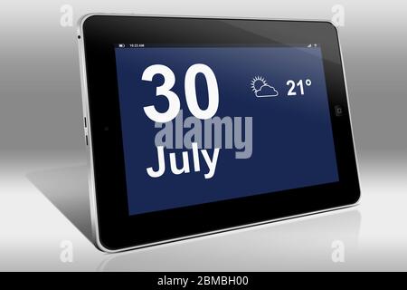 Ein Tablet-Computer zeigt einen Kalender in englischer Sprache mit dem Datum 30. Juli an. Ein Tablet-Computer zeigt in englischer Sprache den 30. Juli Stockfoto