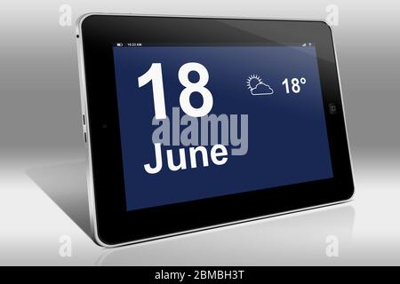 Ein Tablet-Computer zeigt einen Kalender in englischer Sprache mit dem Datum 18. Juni an.ein Tablet-Computer zeigt in englischer Sprache den 18. Juni Stockfoto