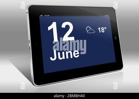 Ein Tablet-Computer zeigt einen Kalender in englischer Sprache mit dem Datum 12. Juni an. Ein Tablet-Computer zeigt in englischer Sprache den 12. Juni Stockfoto