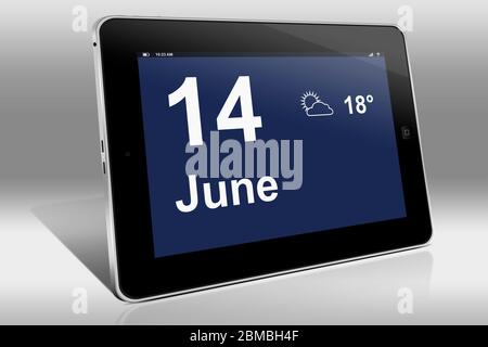 Ein Tablet-Computer zeigt einen Kalender in englischer Sprache mit dem Datum 14. Juni an. Ein Tablet-Computer zeigt in englischer Sprache den 14. Juni Stockfoto