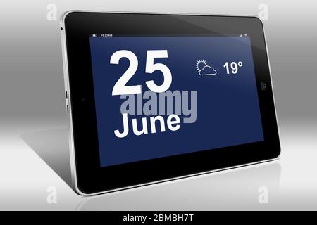 Ein Tablet-Computer zeigt einen Kalender in englischer Sprache mit dem Datum 25. Juni an. Ein Tablet-Computer zeigt in englischer Sprache den 25. Juni Stockfoto